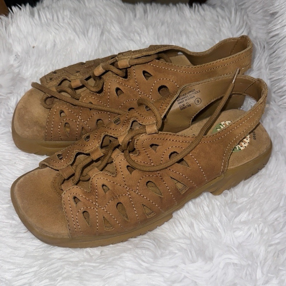 Earth Shoe Elm 11 Tan Leather Lace Up Cutout Comfort Sandals Womens 9